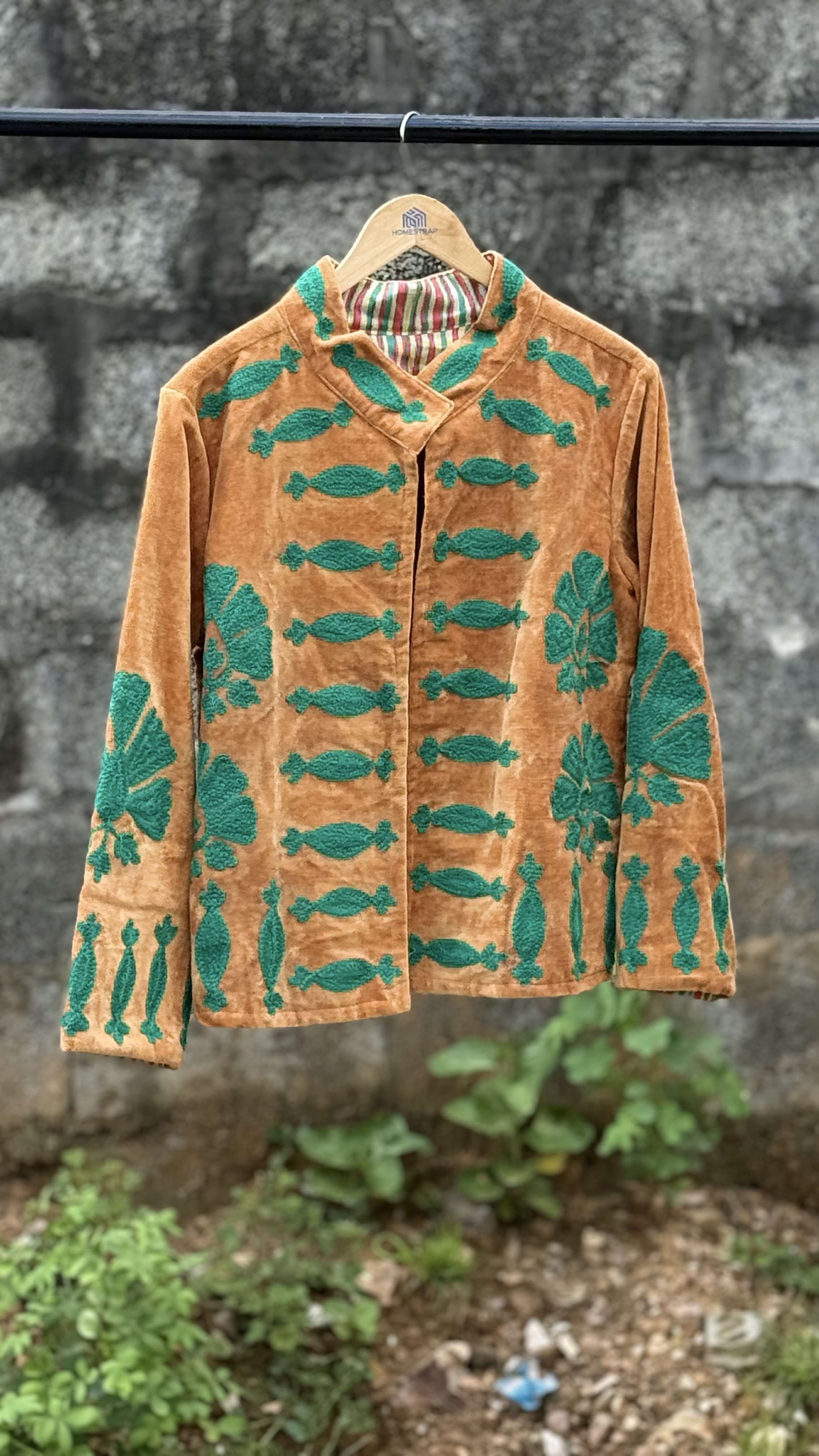 Womens Rust Velvet Embroidered Jacket with Floral Design