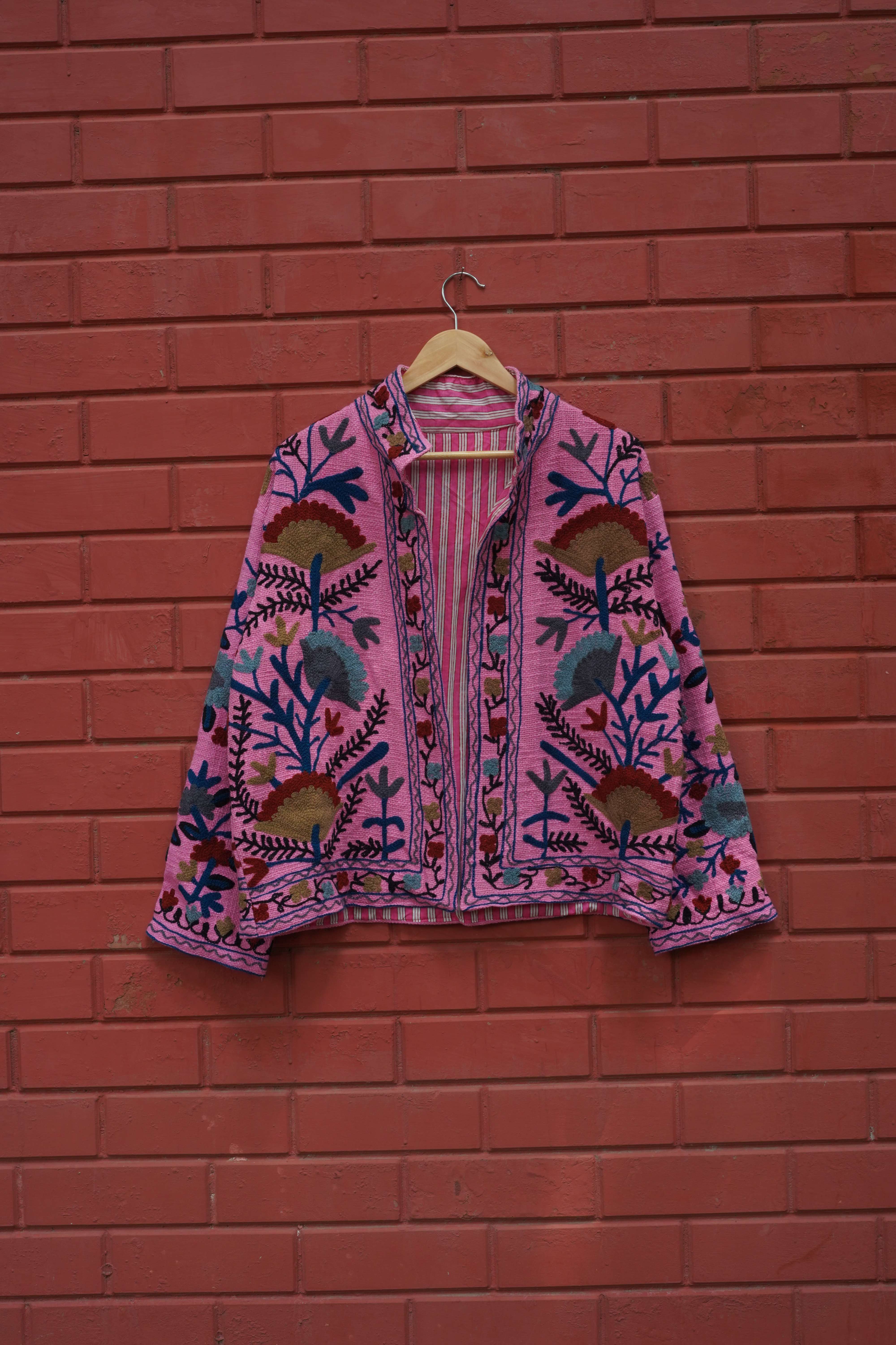 Womens Pink Velvet Embroidered Jacket with Floral Design