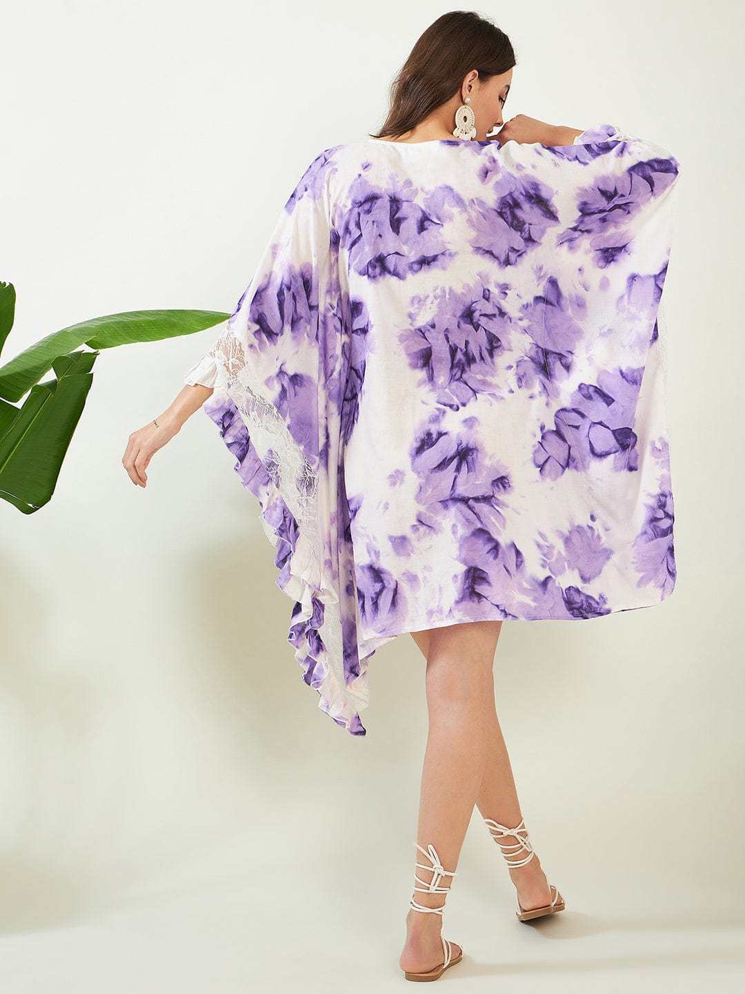 Women's Cotton Tie Dye Print Knee Length Kaftan Drees Beach Cover Up, Spring Casual Wear ( Purple White )