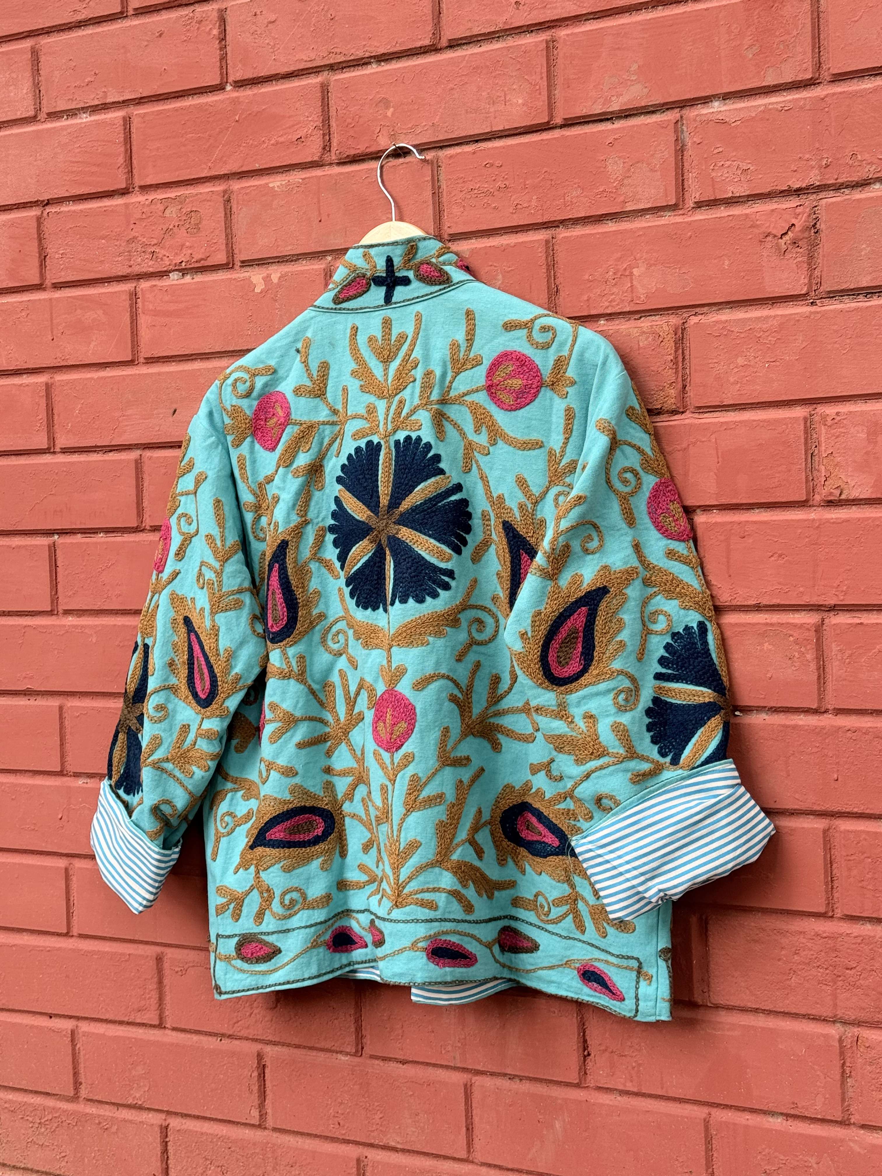 Womens Teal Blue Velvet Embroidered Jacket with Floral Design