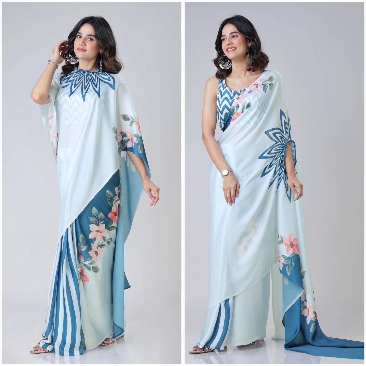 Trending Blue Free Hand Kaftan Style Ready To Wear Saree