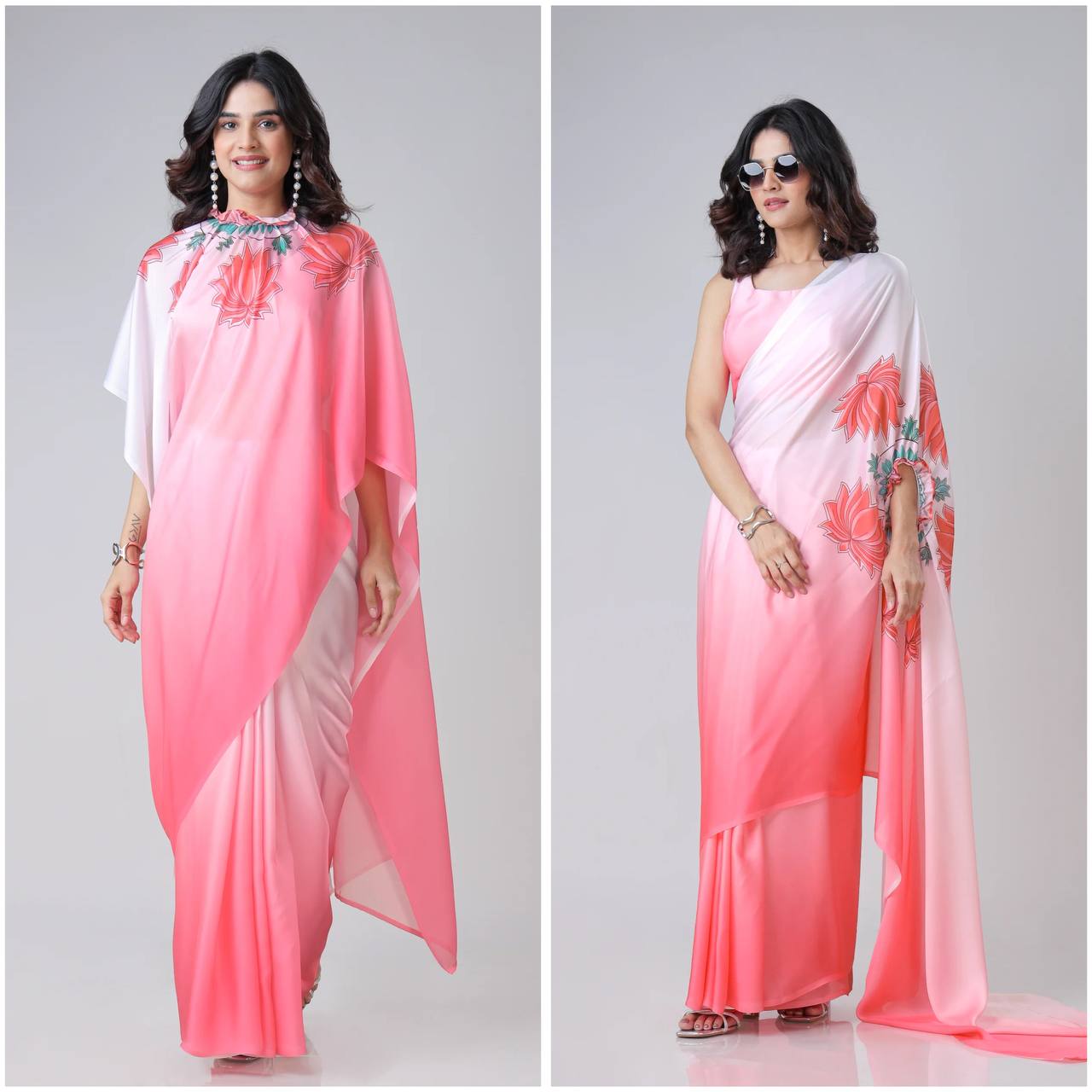 Trending Pink Free Hand Kaftan Style Ready To Wear Saree
