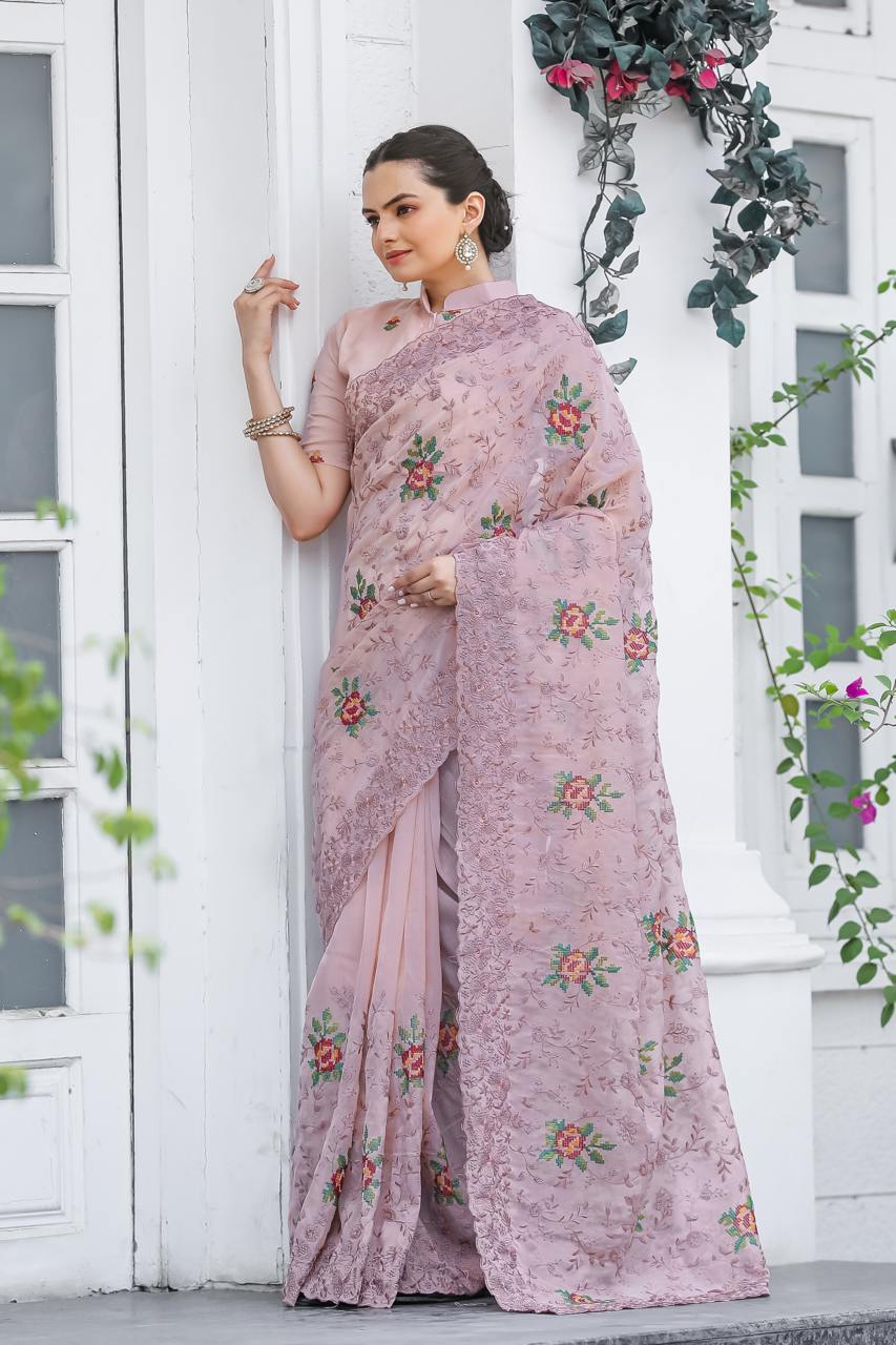 Pure Shiny Zari Chiffon Saree With Beautiful Work