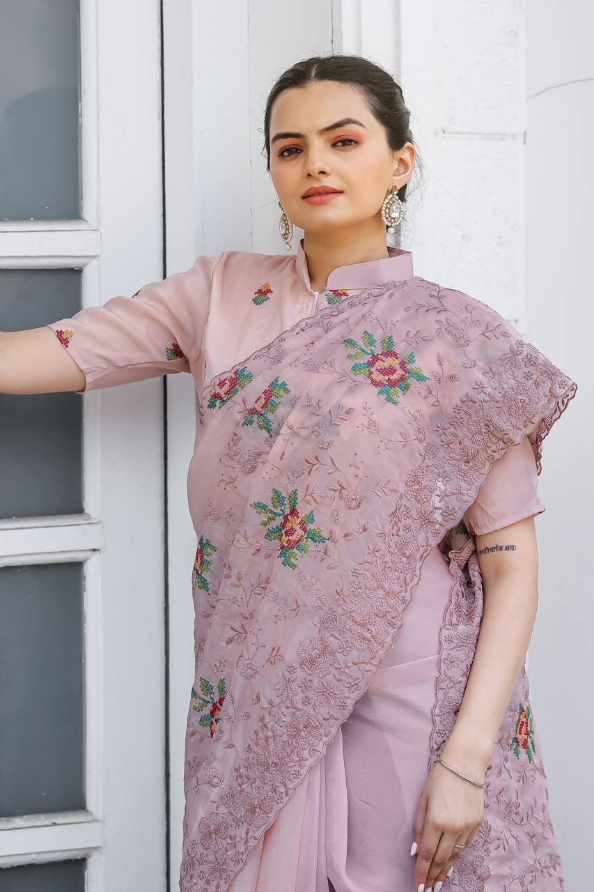 Pure Shiny Zari Chiffon Saree With Beautiful Work