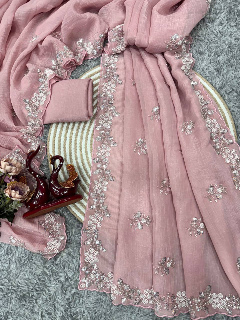 Beautiful Crush Saree With Pearl Work