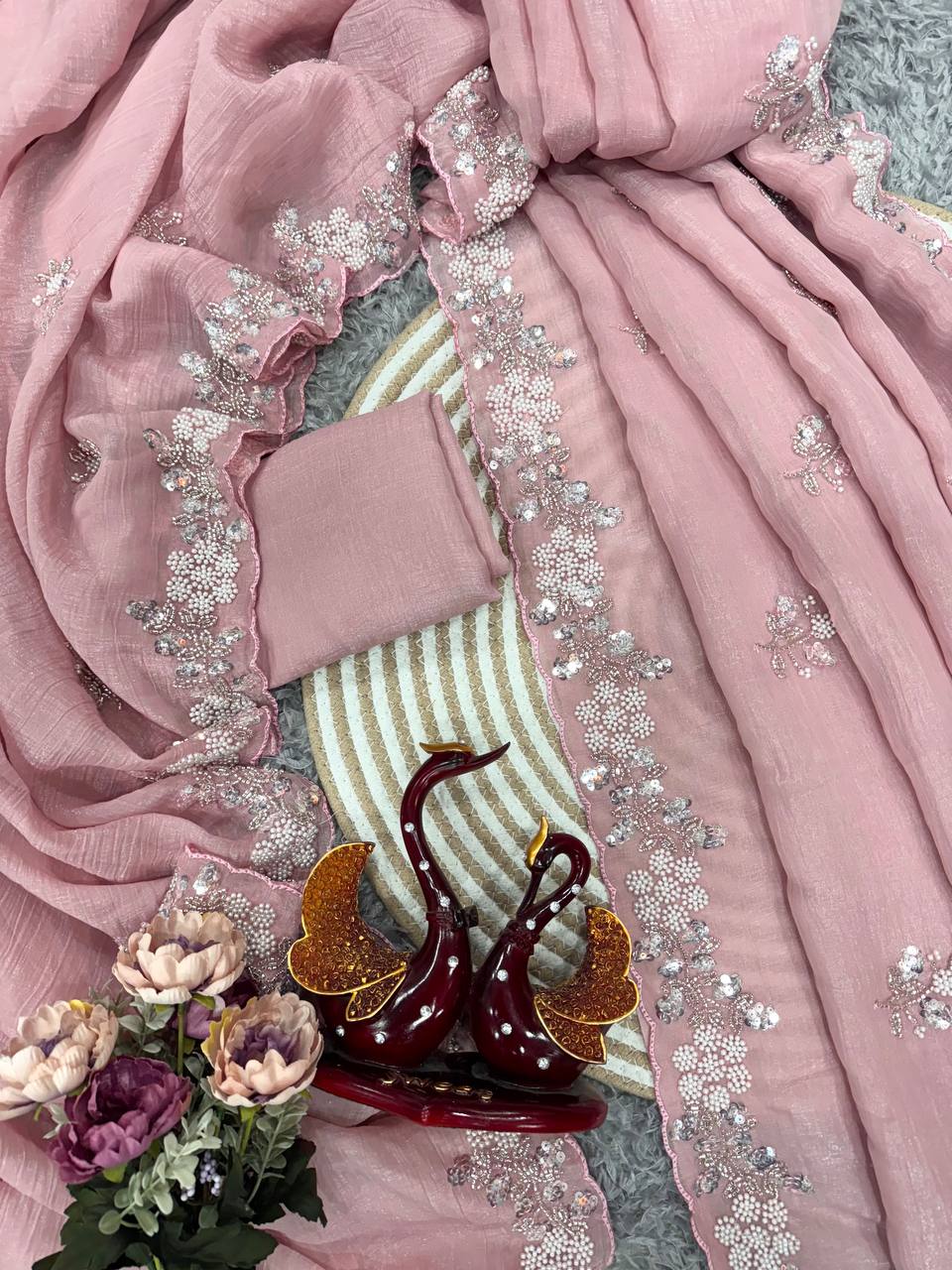 Beautiful Crush Saree With Pearl Work