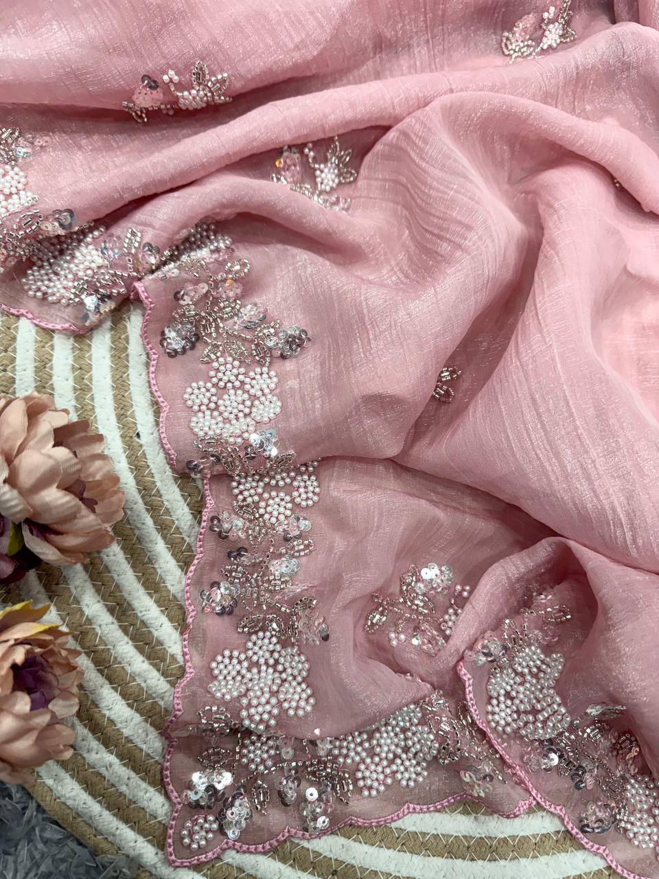 Beautiful Crush Saree With Pearl Work