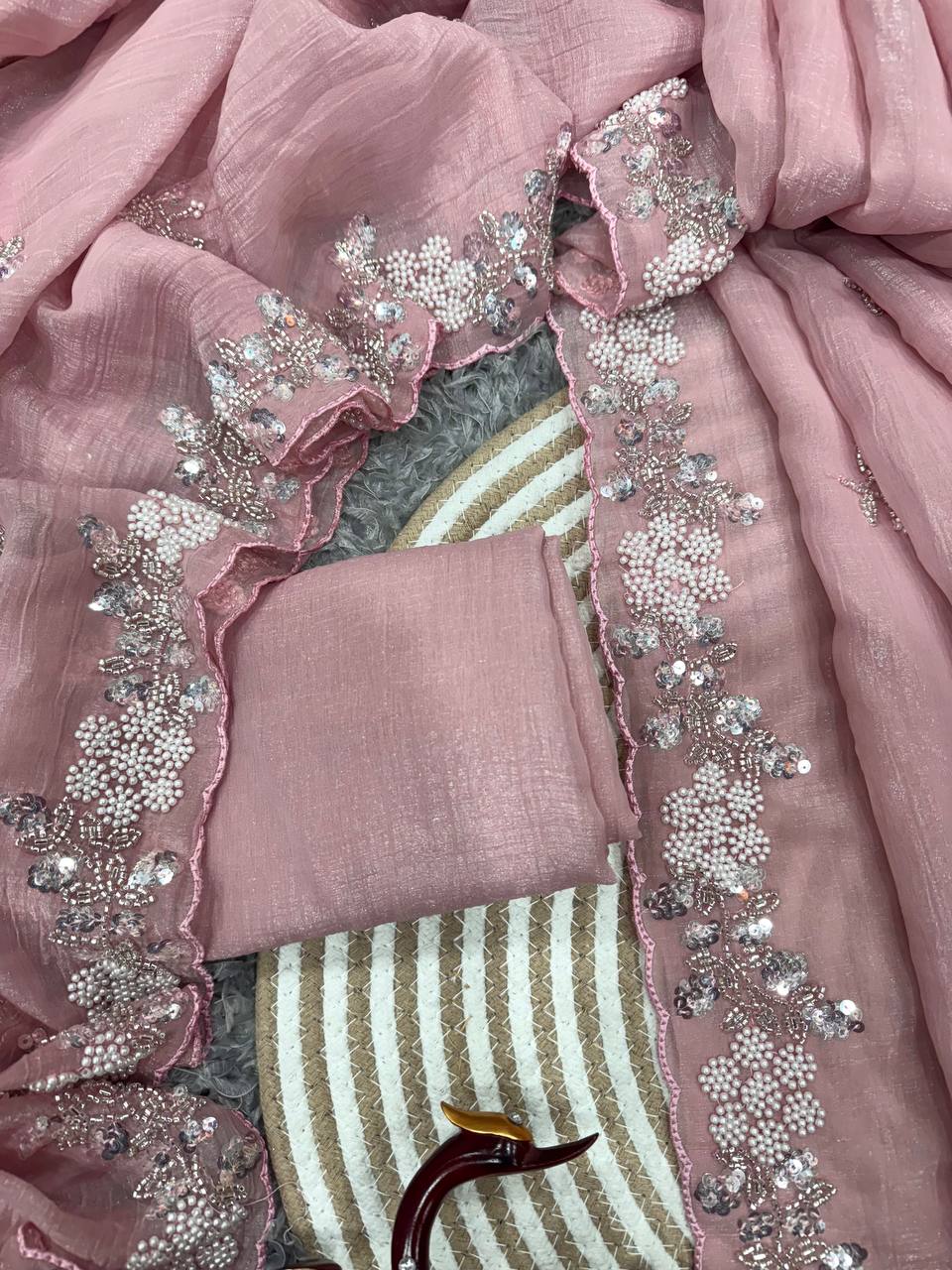 Beautiful Crush Saree With Pearl Work