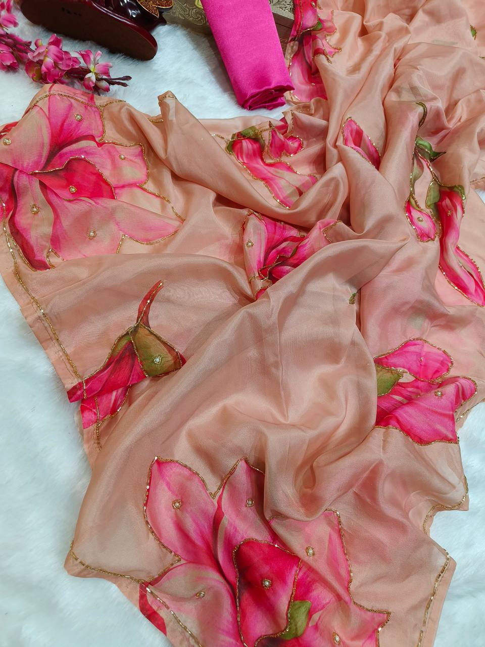 New Exclusive Floral Cream Handwork Saree