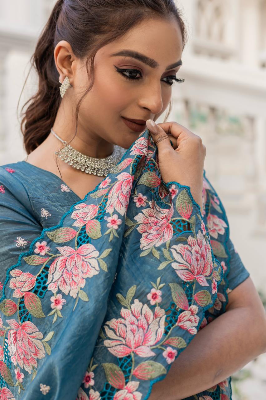 Pure crush silk saree with all over embroidery design