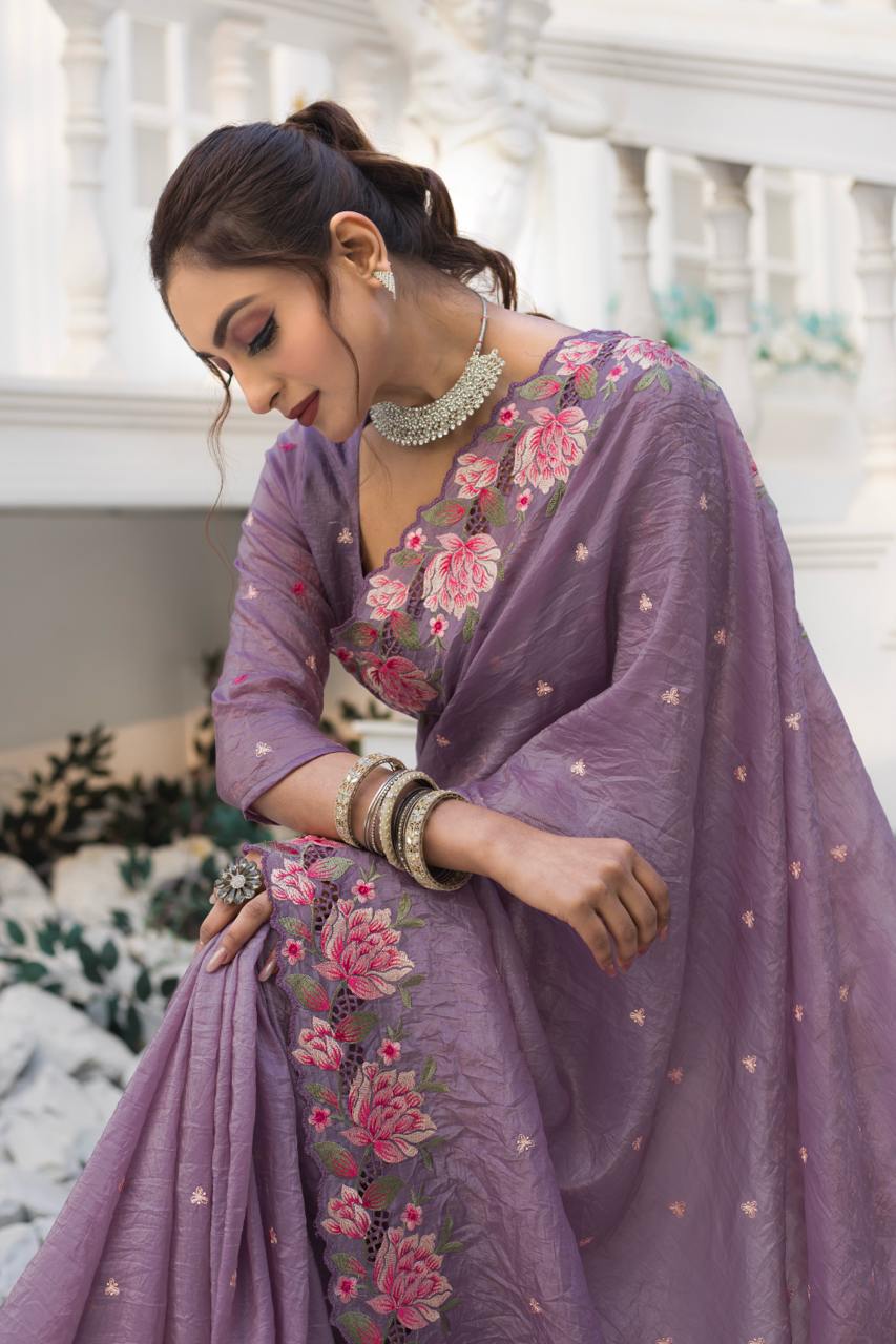 Pure crush silk saree with all over embroidery design