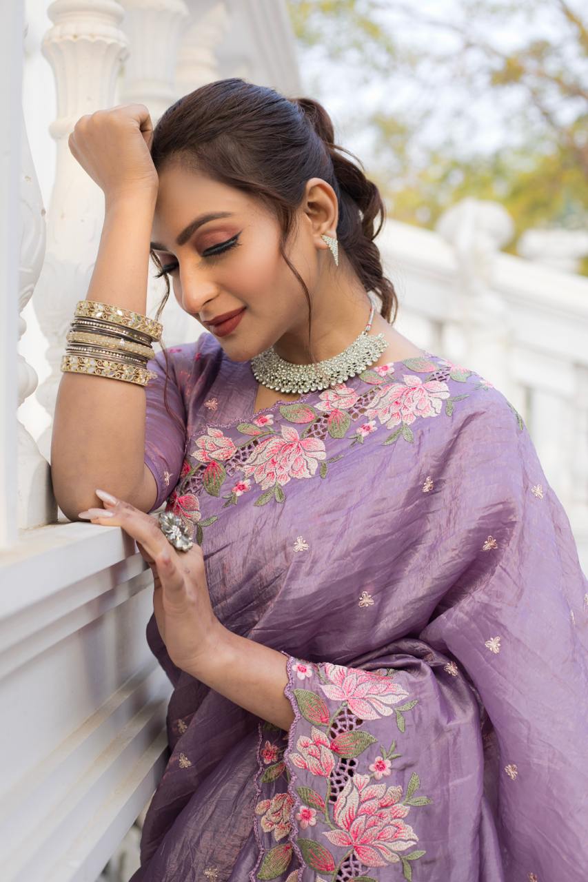 Pure crush silk saree with all over embroidery design