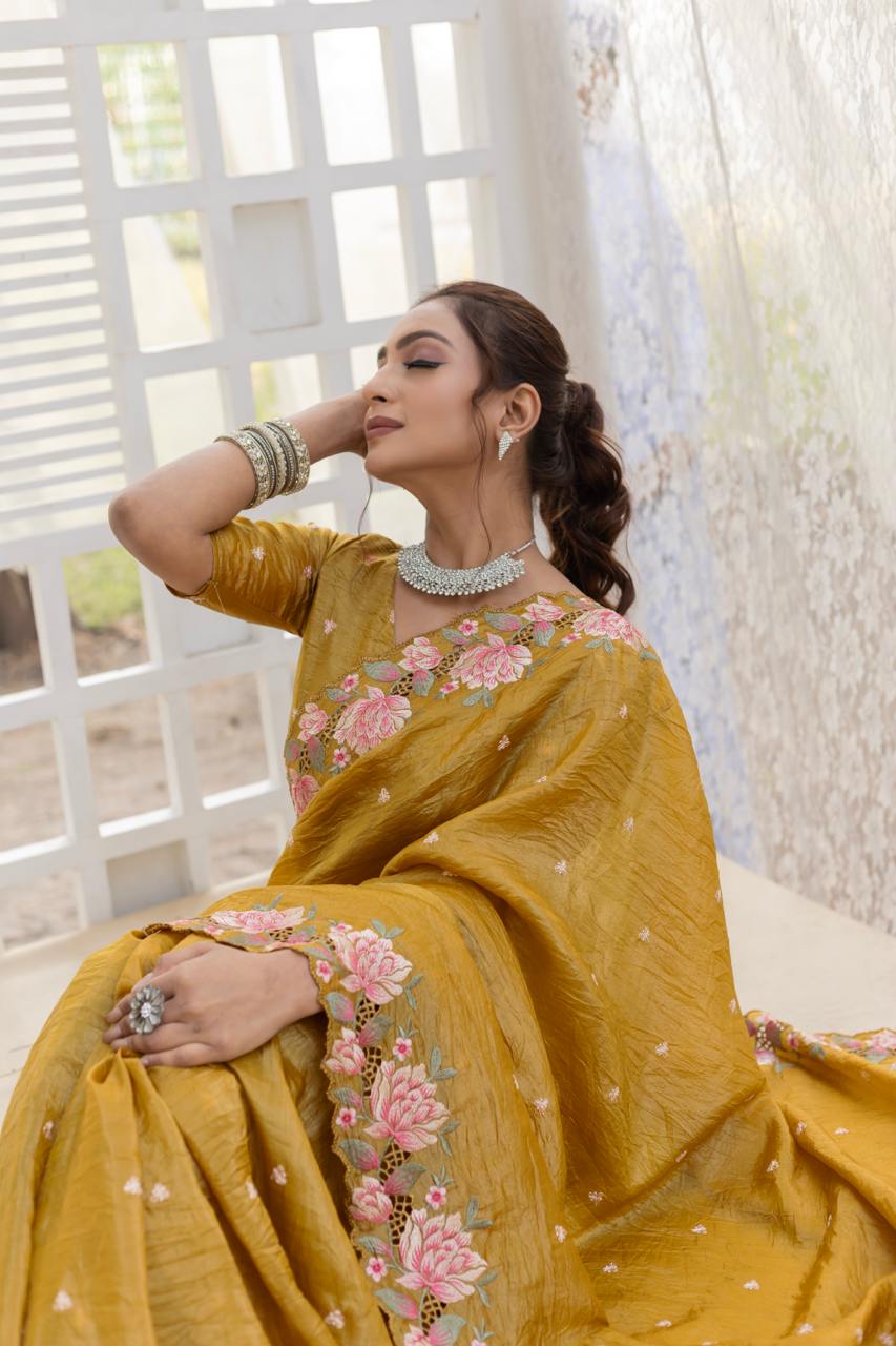 Pure crush silk saree with all over embroidery design