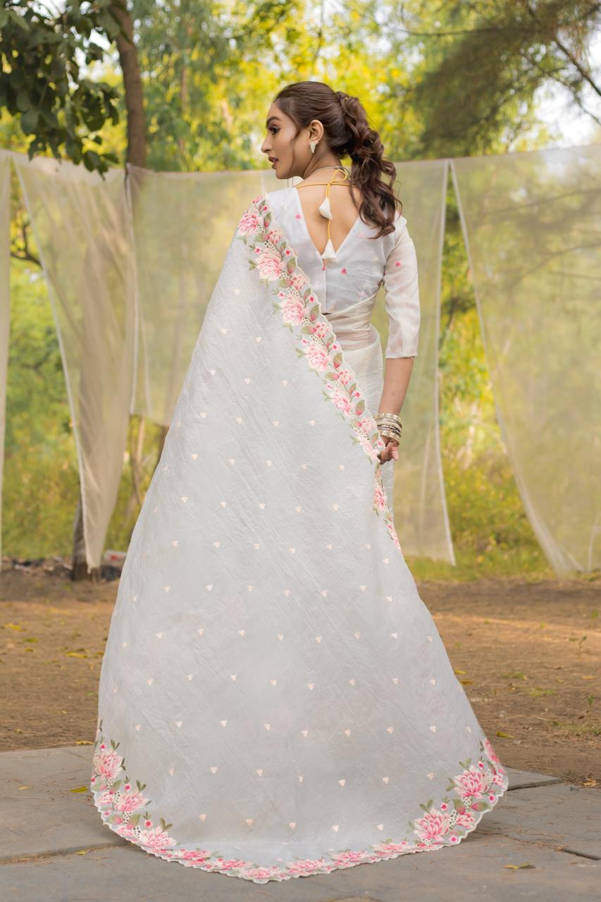 Pure crush silk saree with all over embroidery design