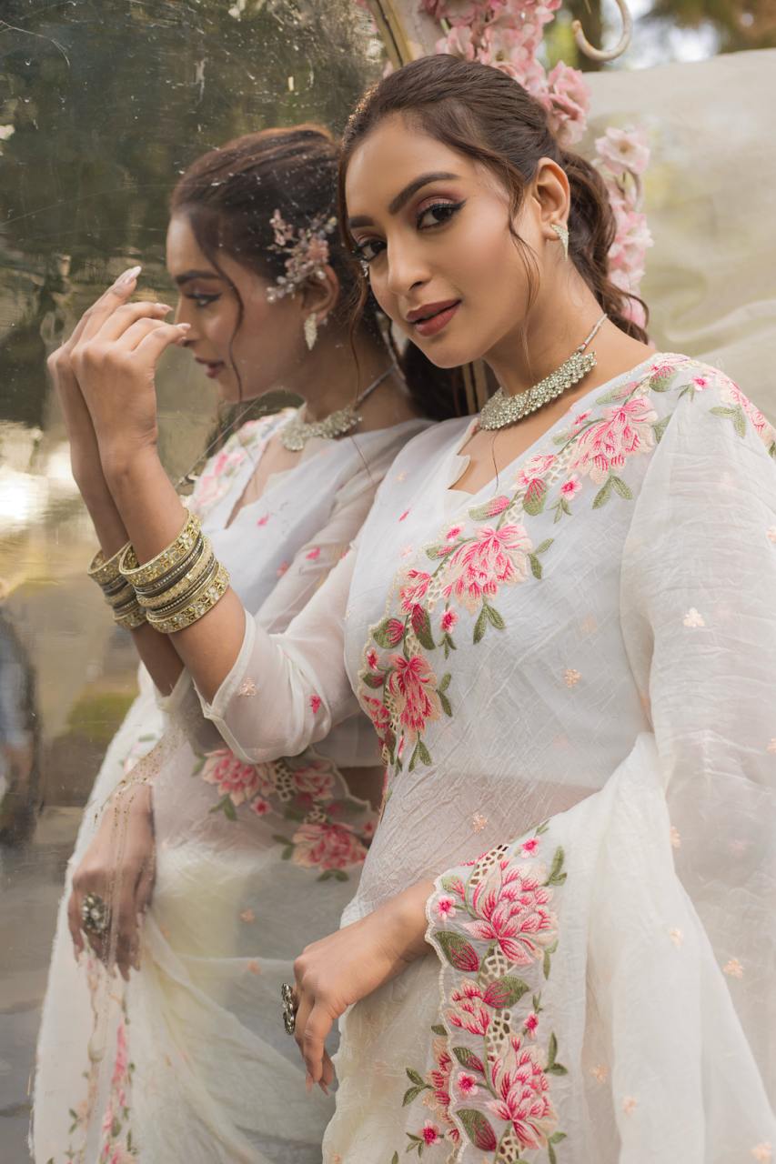 Pure crush silk saree with all over embroidery design