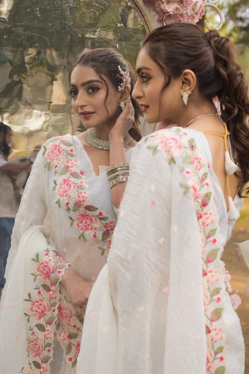 Pure crush silk saree with all over embroidery design