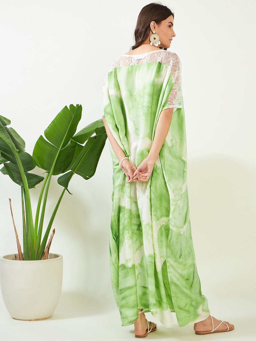 Women's Cotton Tie Dye Print Lace Trim, V-Neck, Full Length, Beach Casual Wear, Spring Collection Kaftan ( Green White )