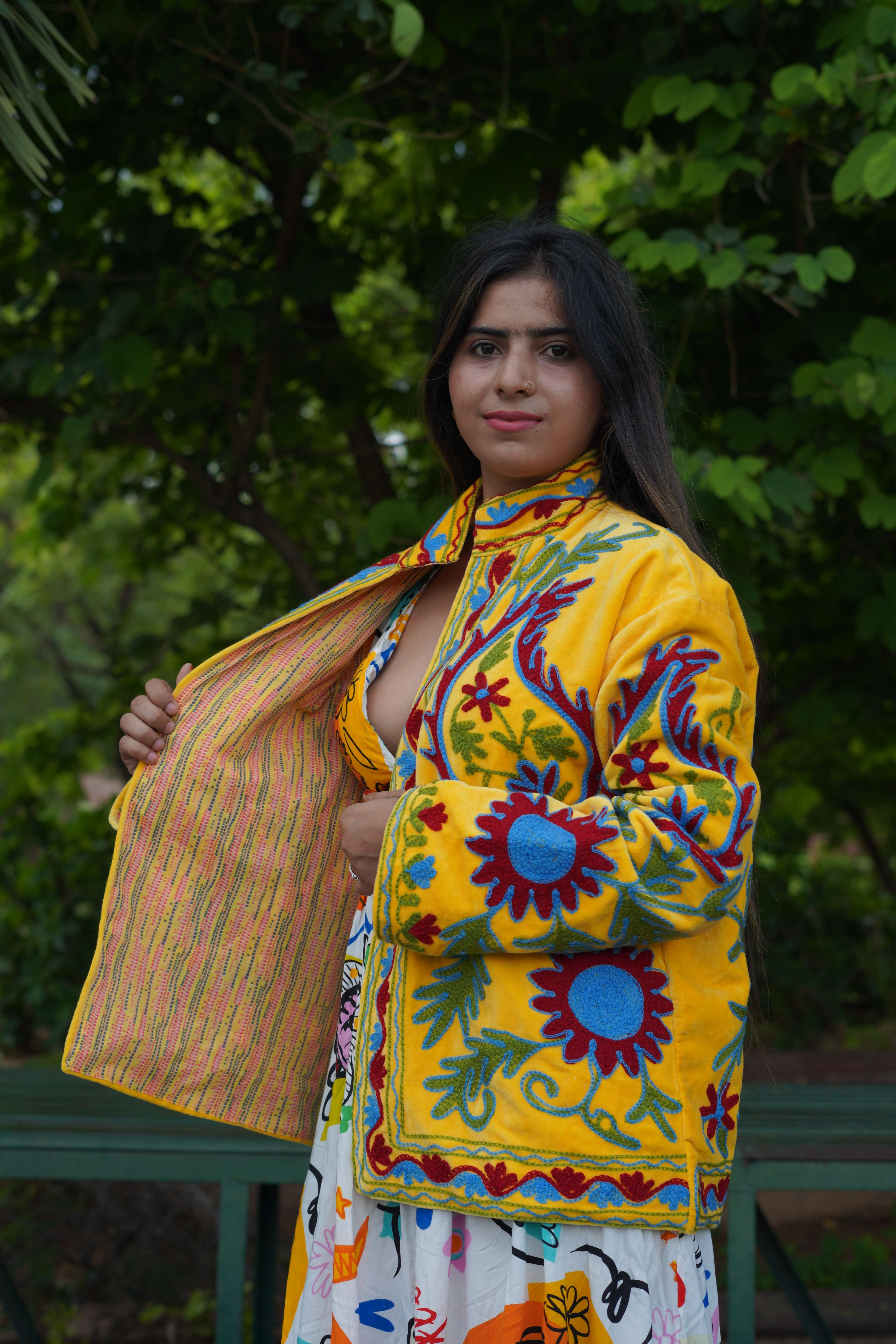 Womens Yellow Velvet Embroidered Jacket with Floral Design