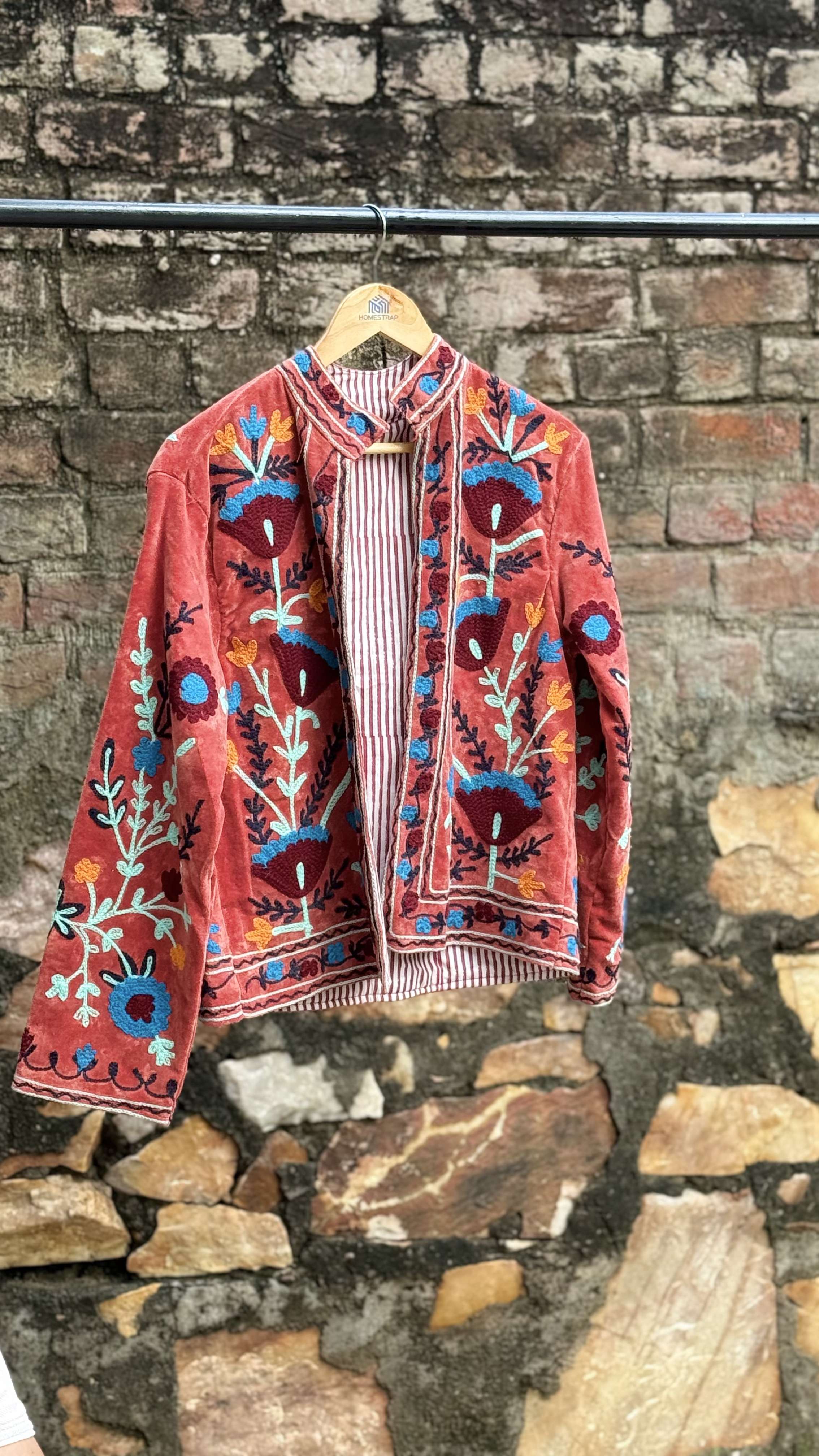 Womens Terracotta Velvet Embroidered Jacket with Floral Design