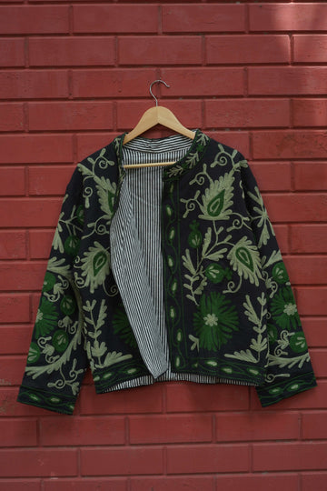 Womens Black Velvet Embroidered Jacket with Floral Design