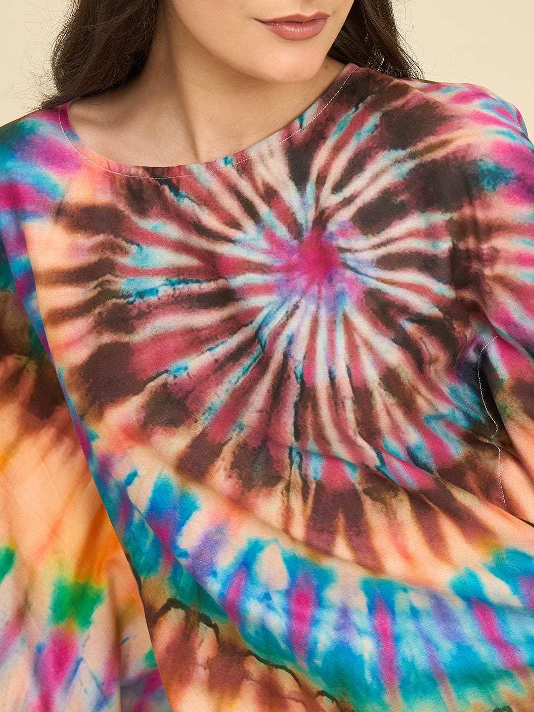 Women's Cotton Tie Dye Print Flowing Bell Sleeves Full Length Kaftan Drees Casual Beach Wear ( Turquoise Yellow )
