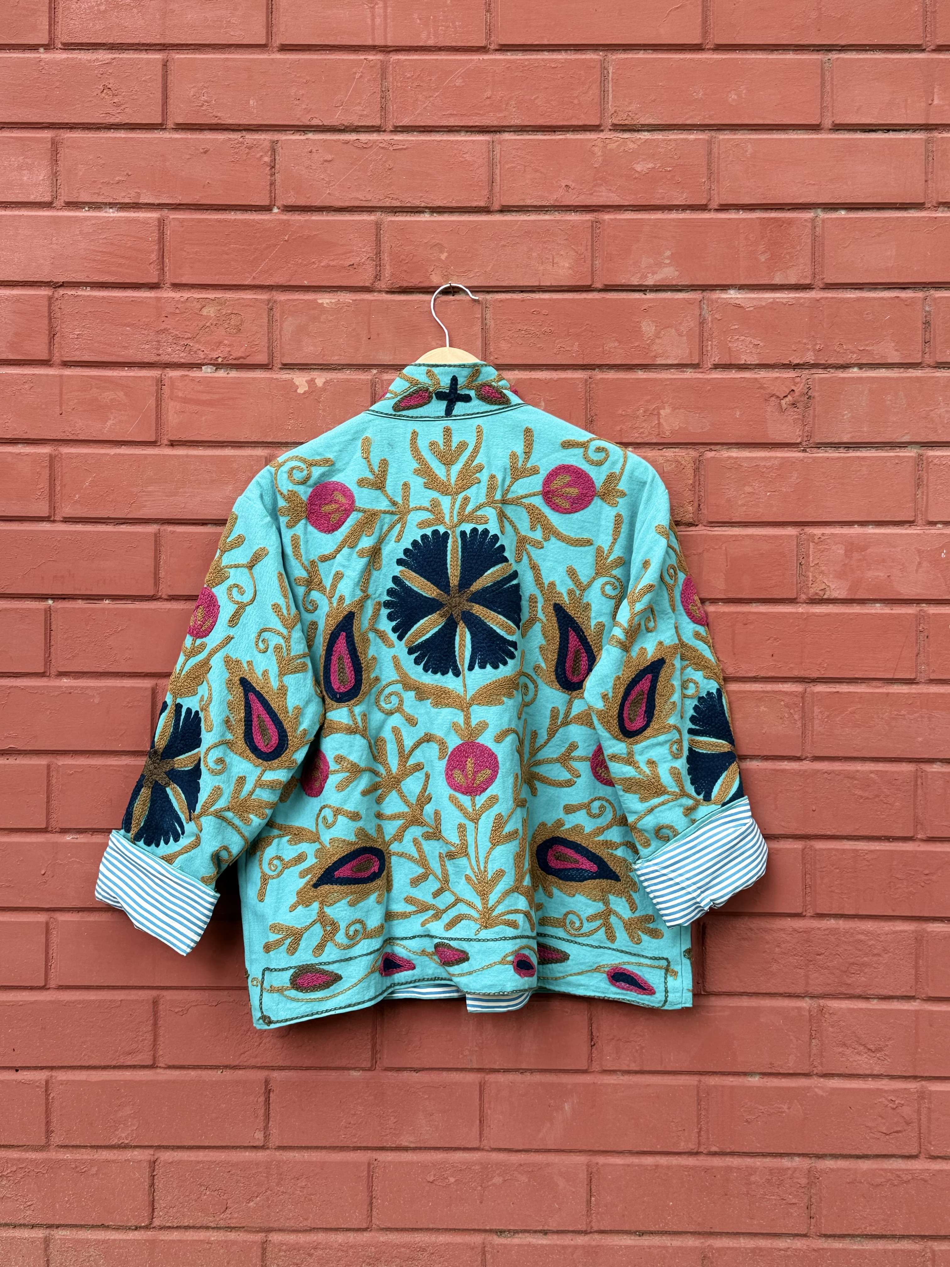 Womens Teal Blue Velvet Embroidered Jacket with Floral Design
