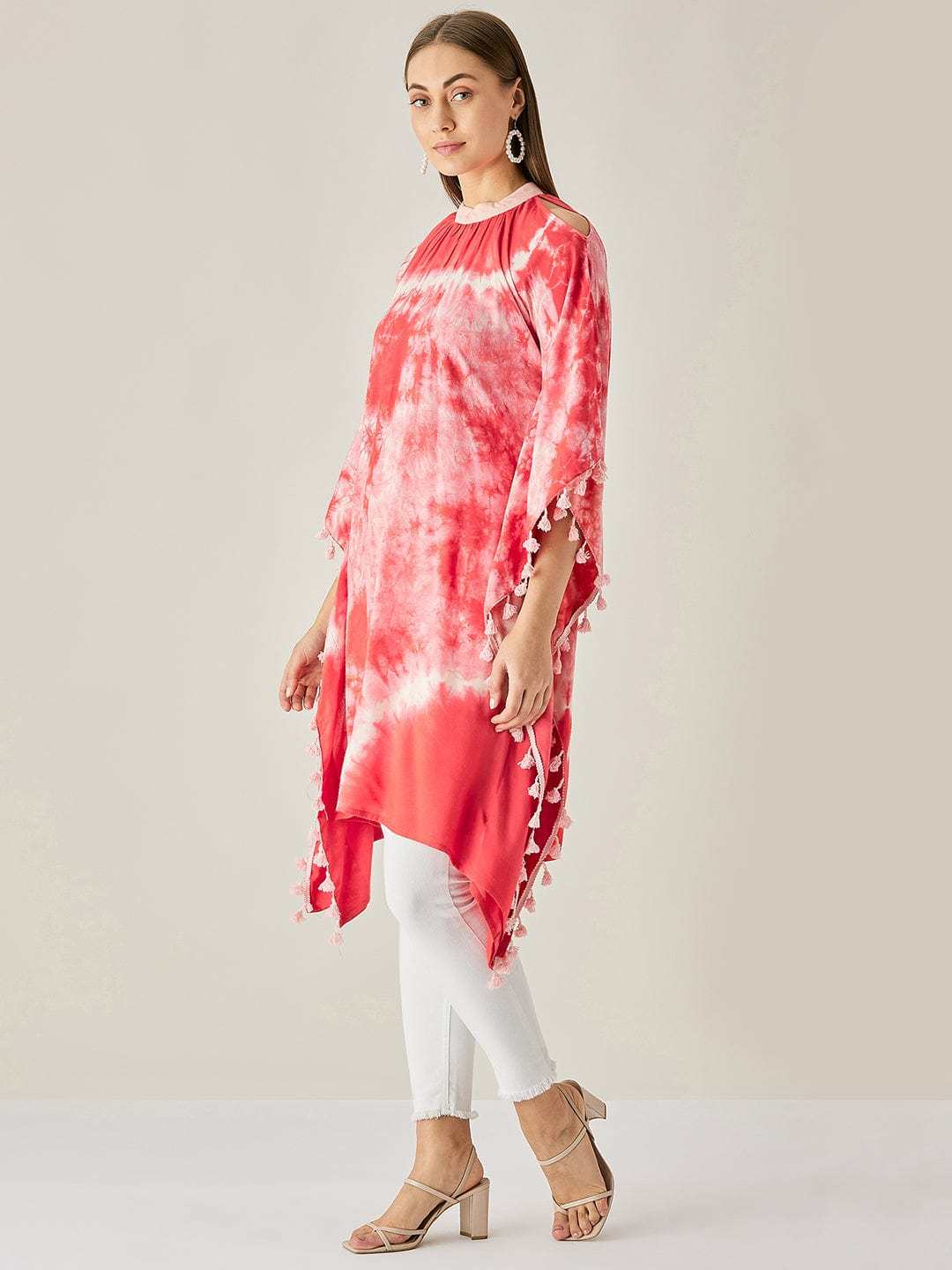 Women's Cotton Tie Dye Print Knee Length Mock Neck, Long Sleeve Kaftan Drees ( Red )