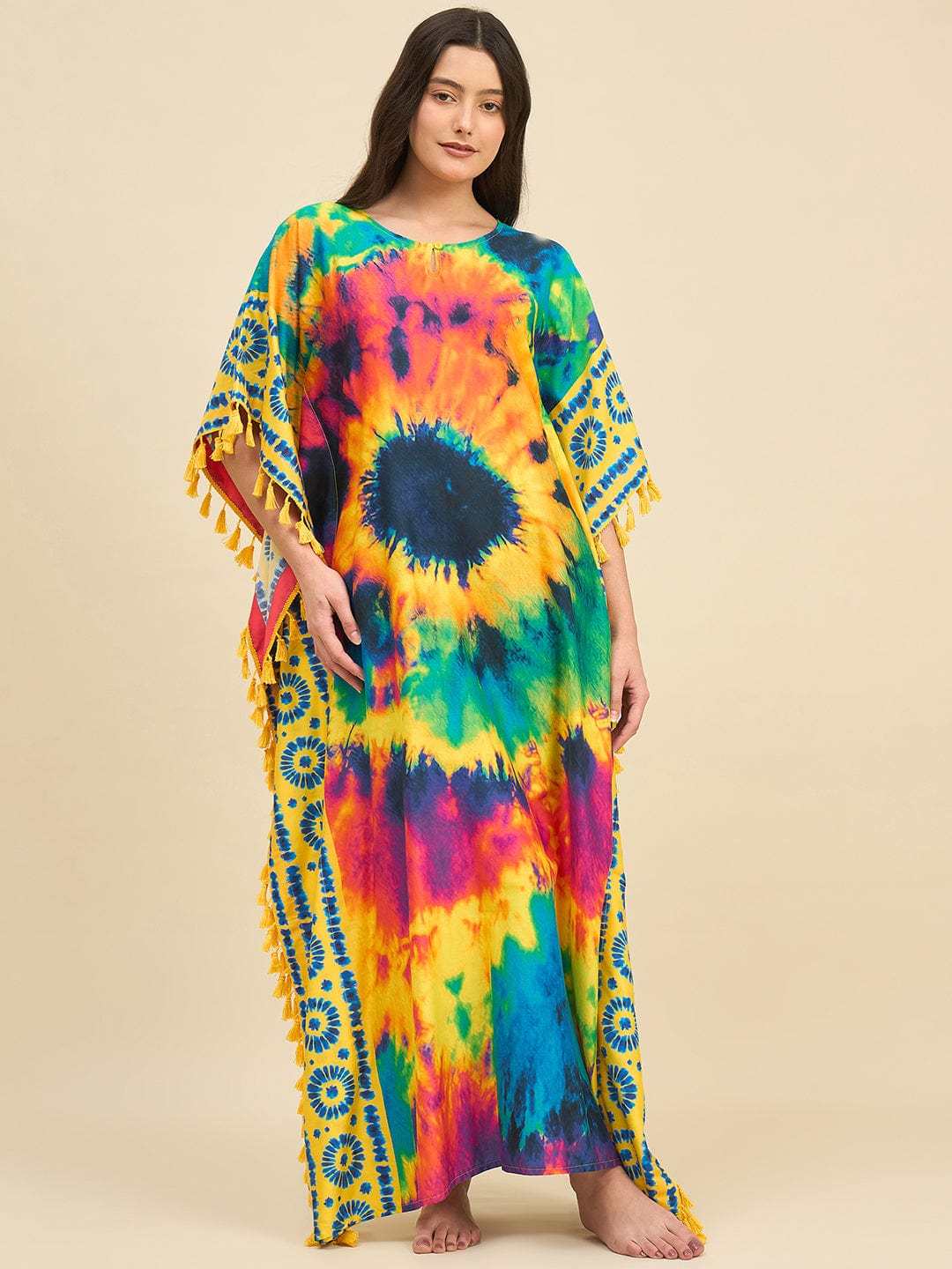 Women's Cotton Tie Dye Print Flowing Bell Sleeves Full Length Kaftan Drees Casual Beach Wear ( Multicolor )