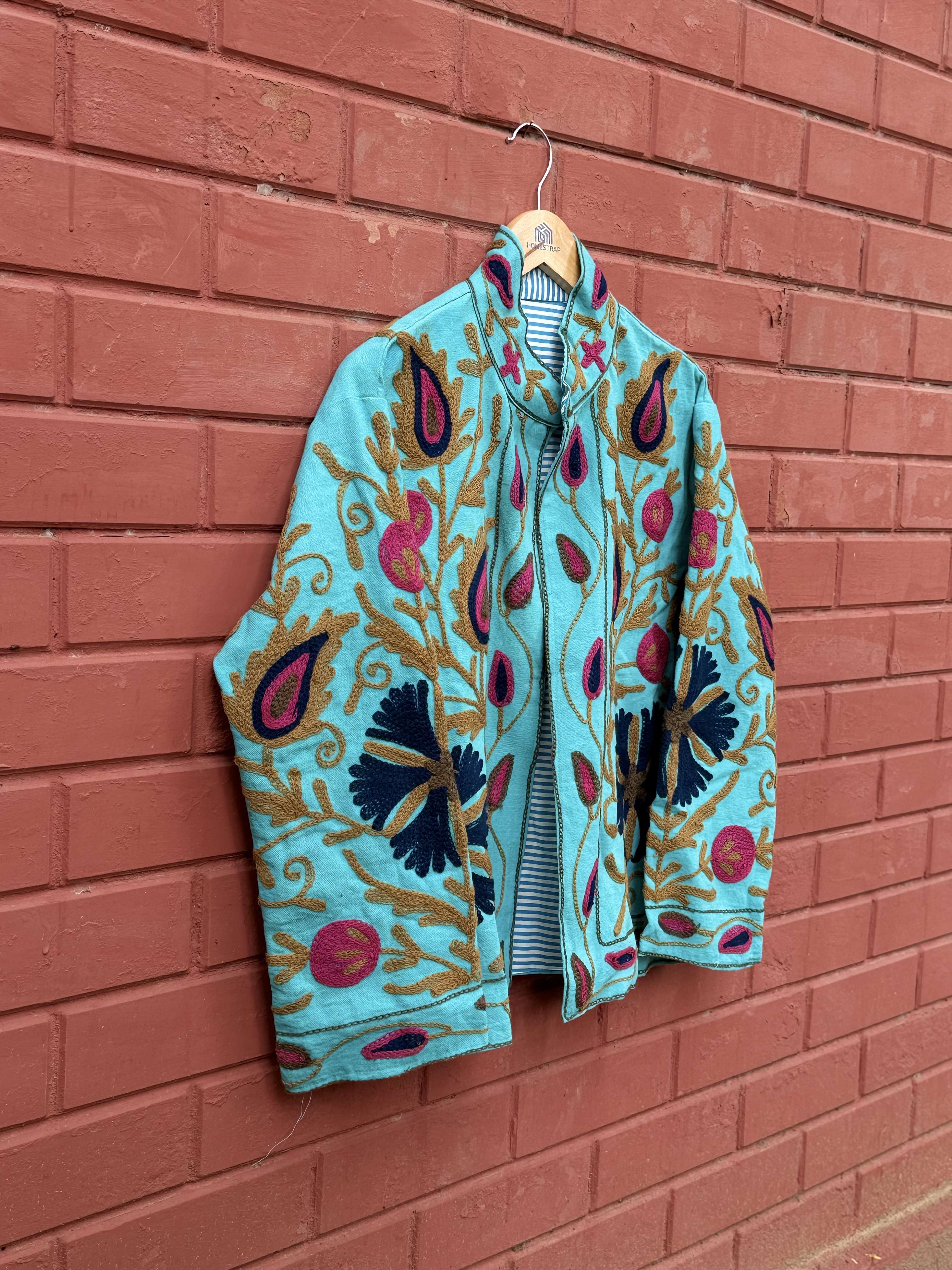 Womens Teal Blue Velvet Embroidered Jacket with Floral Design
