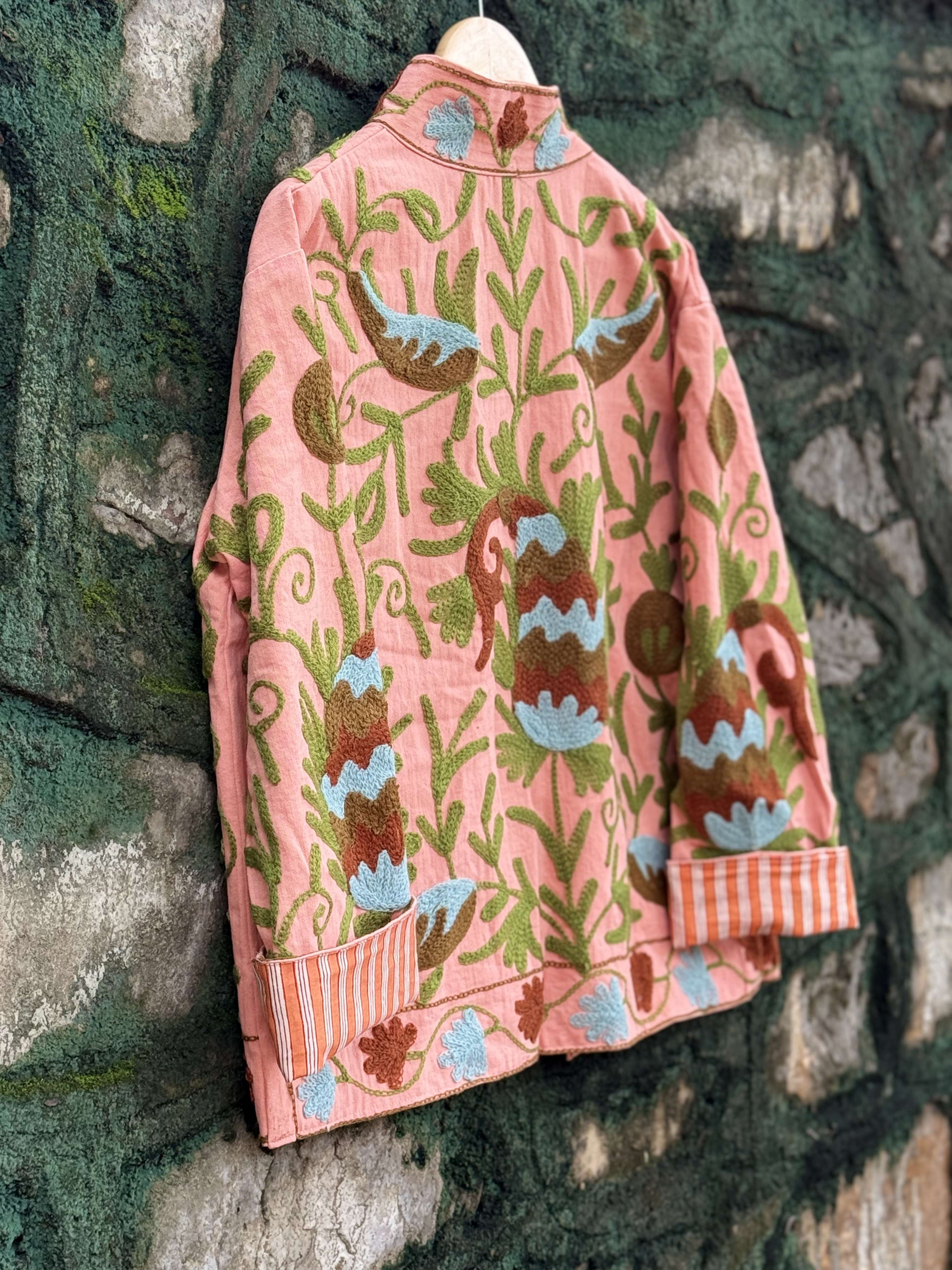 Womens Light Pink Velvet Embroidered Jacket with Floral Design