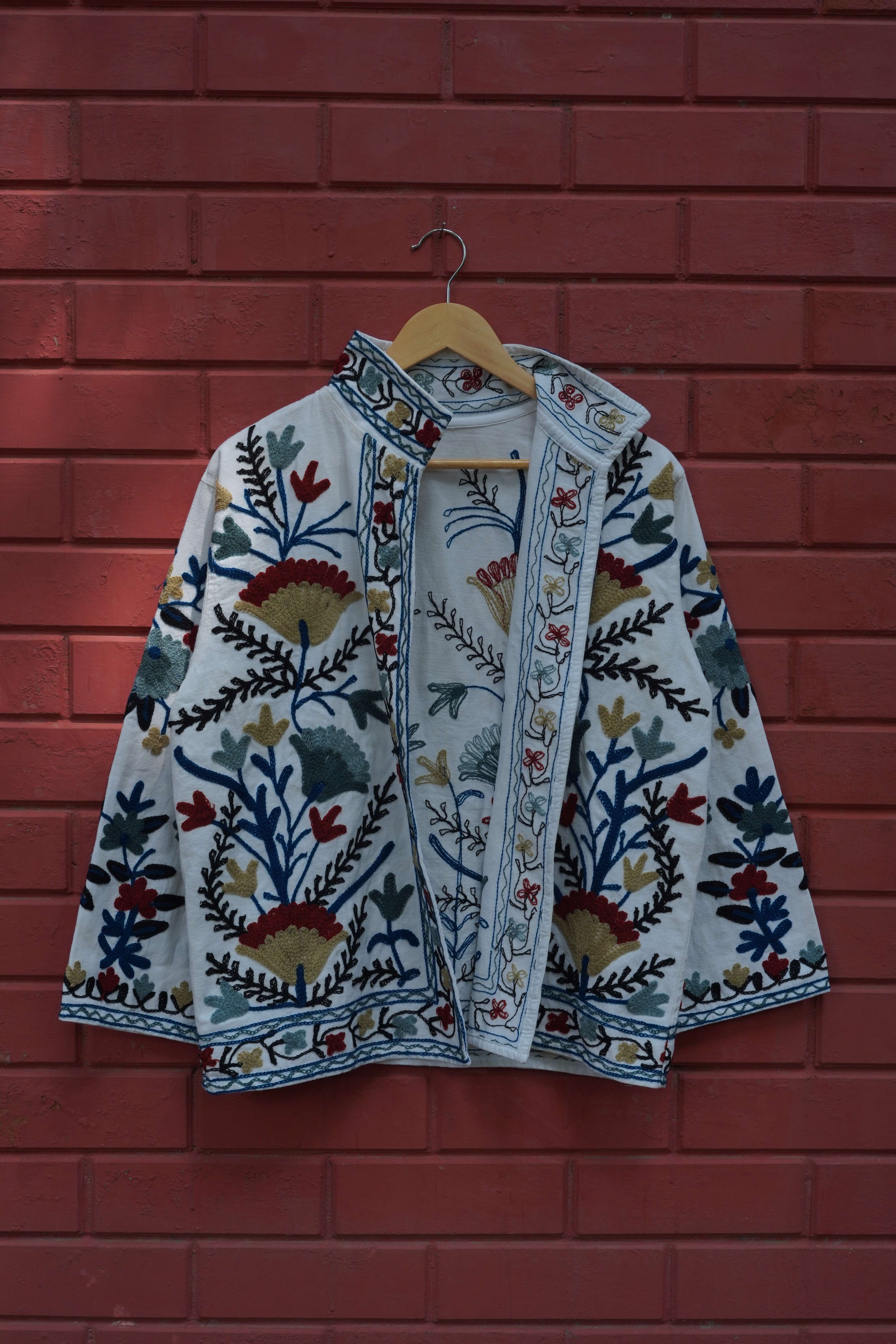 Womens White Velvet Embroidered Jacket with Floral Design