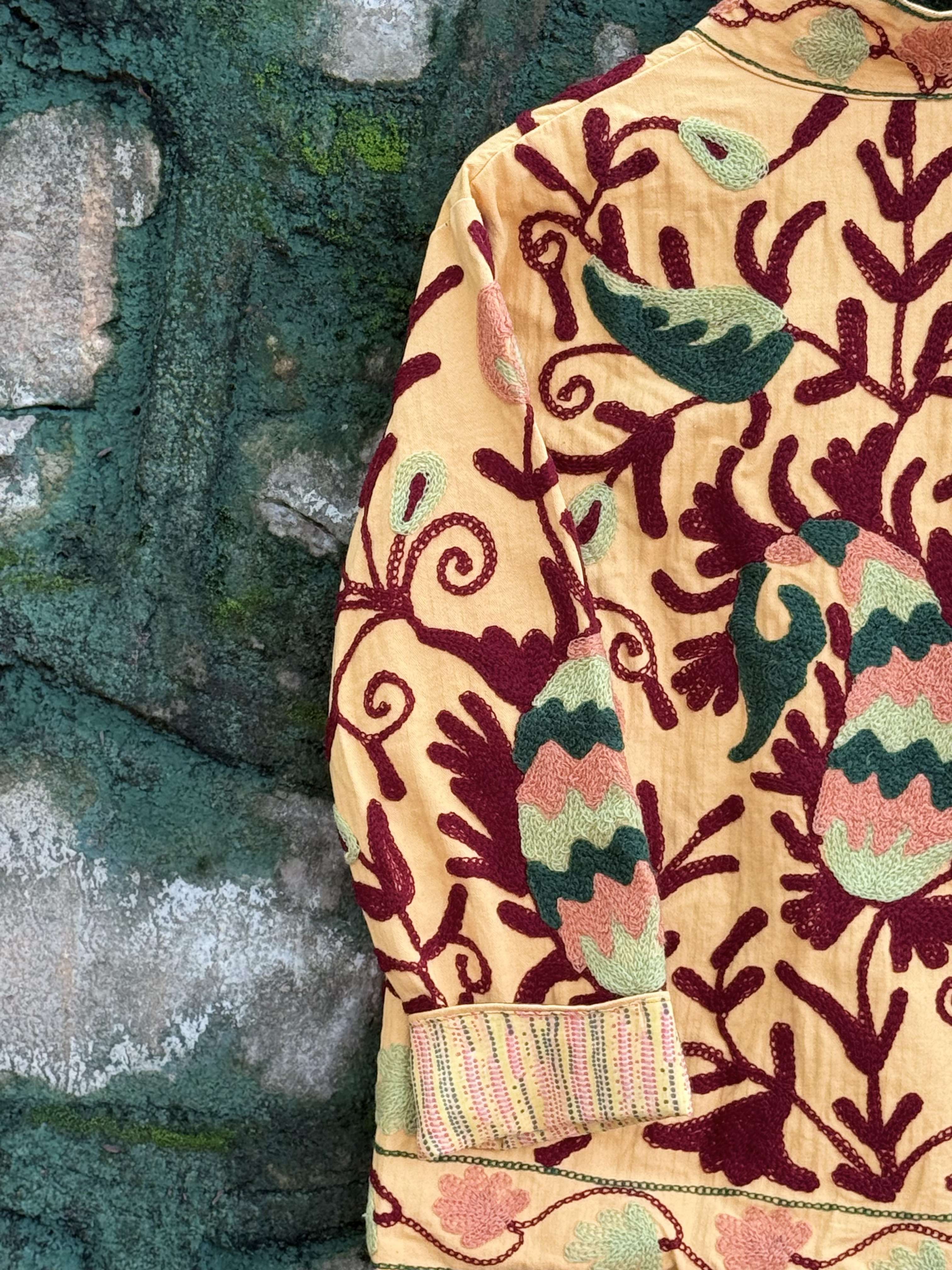 Womens Yellow Velvet Embroidered Jacket with Floral Design